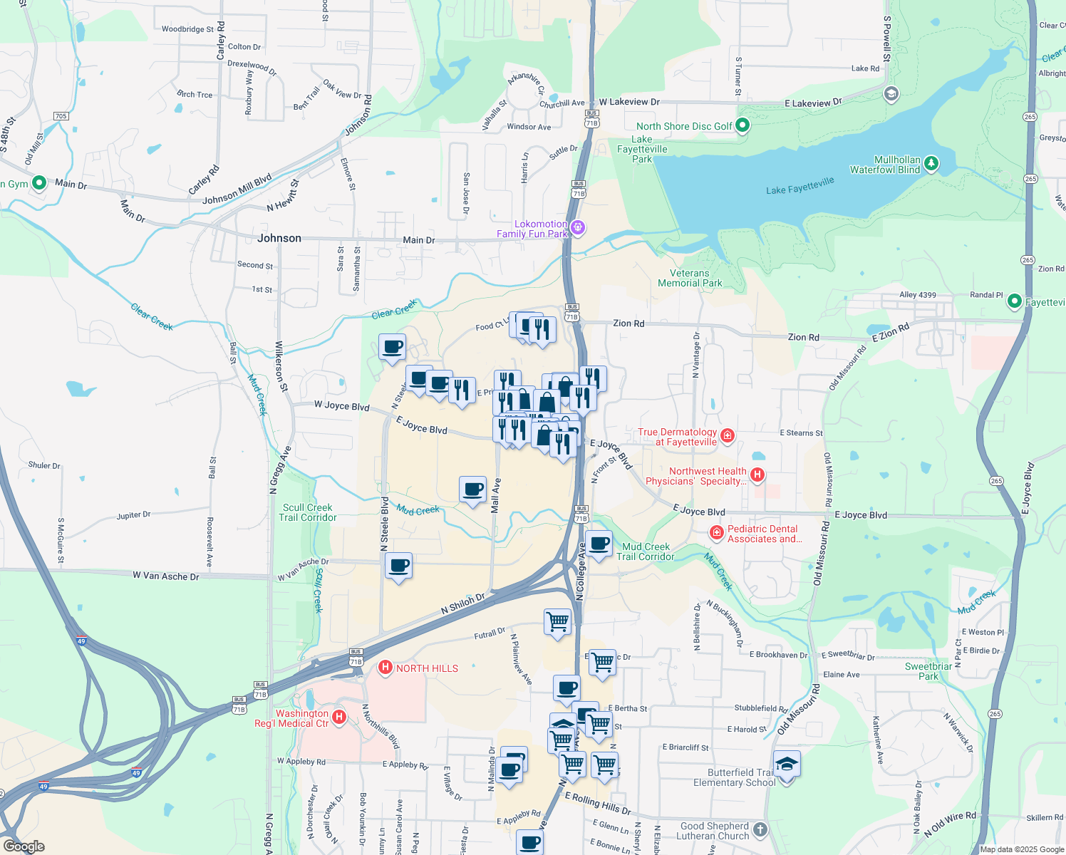 map of restaurants, bars, coffee shops, grocery stores, and more near 670 E Joyce Blvd in Fayetteville