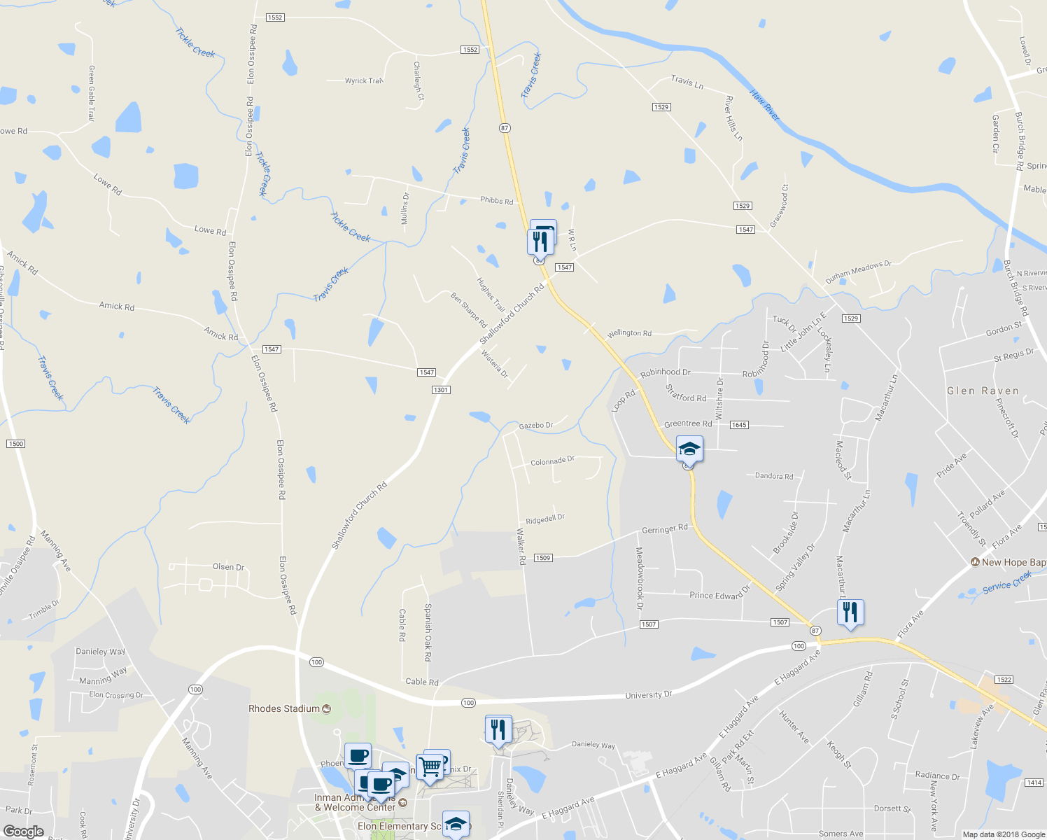 map of restaurants, bars, coffee shops, grocery stores, and more near 106 Gazebo Drive in Elon