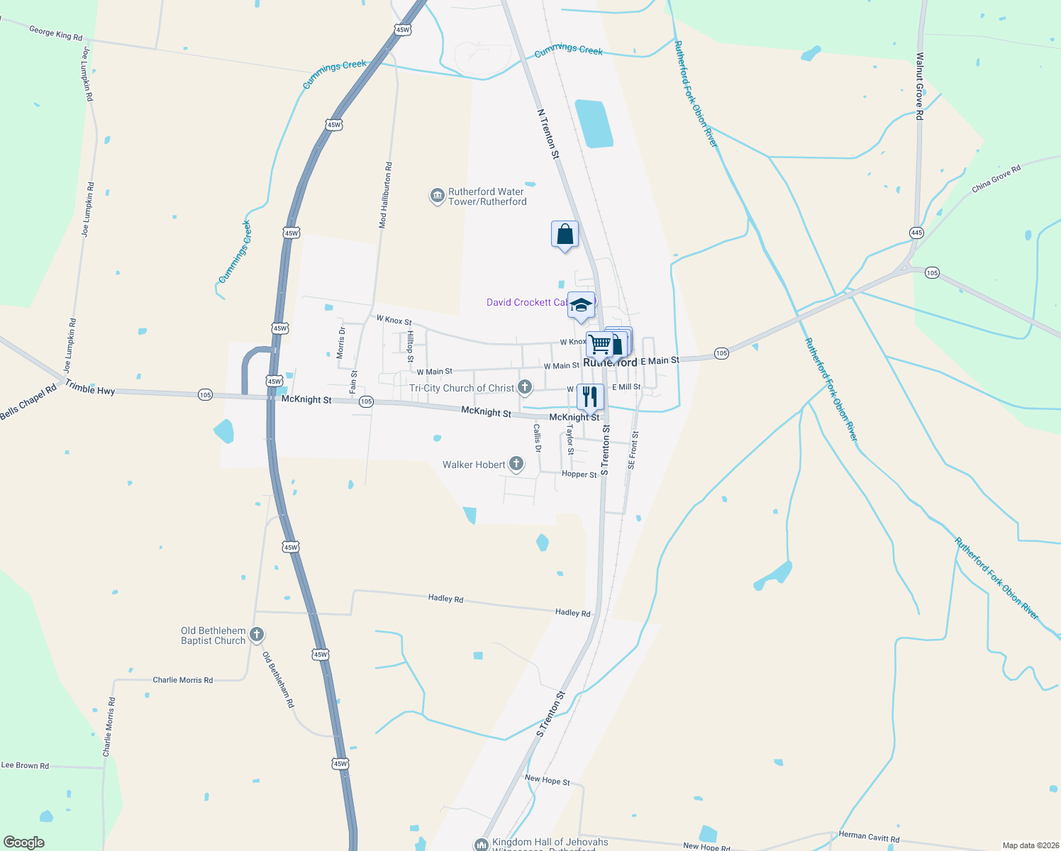map of restaurants, bars, coffee shops, grocery stores, and more near 105 Callis Dr in Rutherford