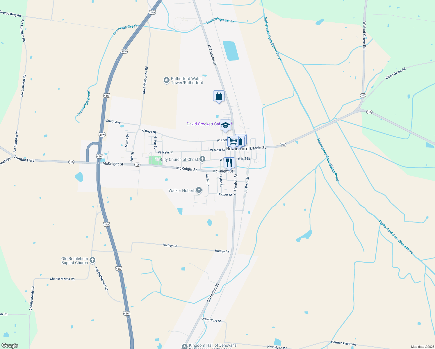 map of restaurants, bars, coffee shops, grocery stores, and more near 305 McKnight Street in Rutherford