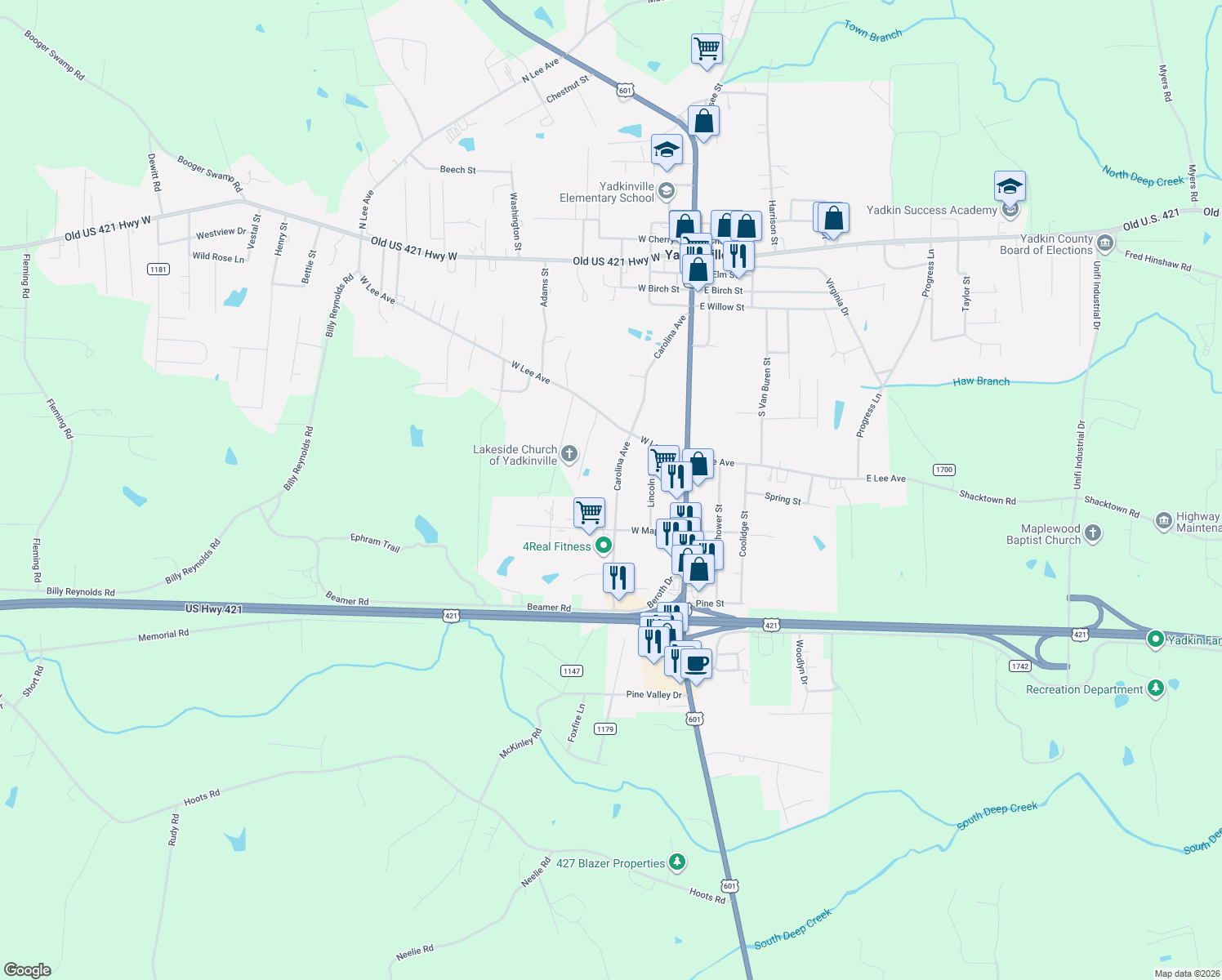 map of restaurants, bars, coffee shops, grocery stores, and more near 632 Carolina Ave in Yadkinville