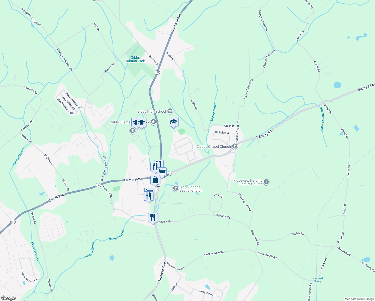 map of restaurants, bars, coffee shops, grocery stores, and more near 7757 Applecross Road in Corryton