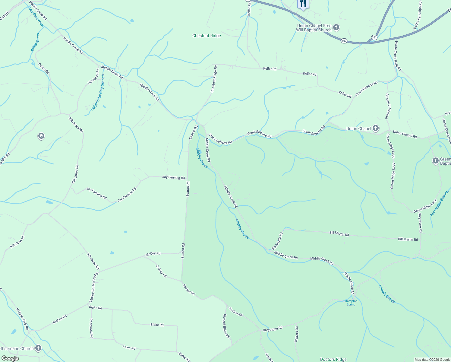 map of restaurants, bars, coffee shops, grocery stores, and more near 2185 Middle Creek Road in Afton