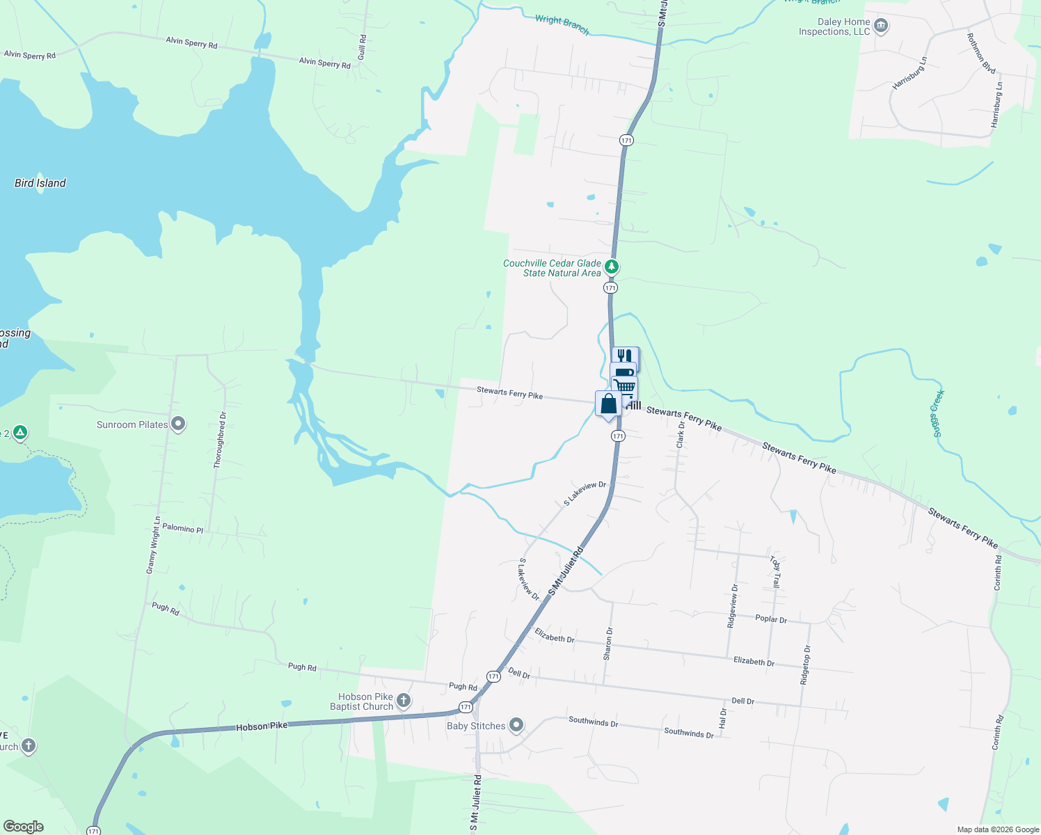 map of restaurants, bars, coffee shops, grocery stores, and more near 2600 Stewarts Ferry Pike in Rural Hill