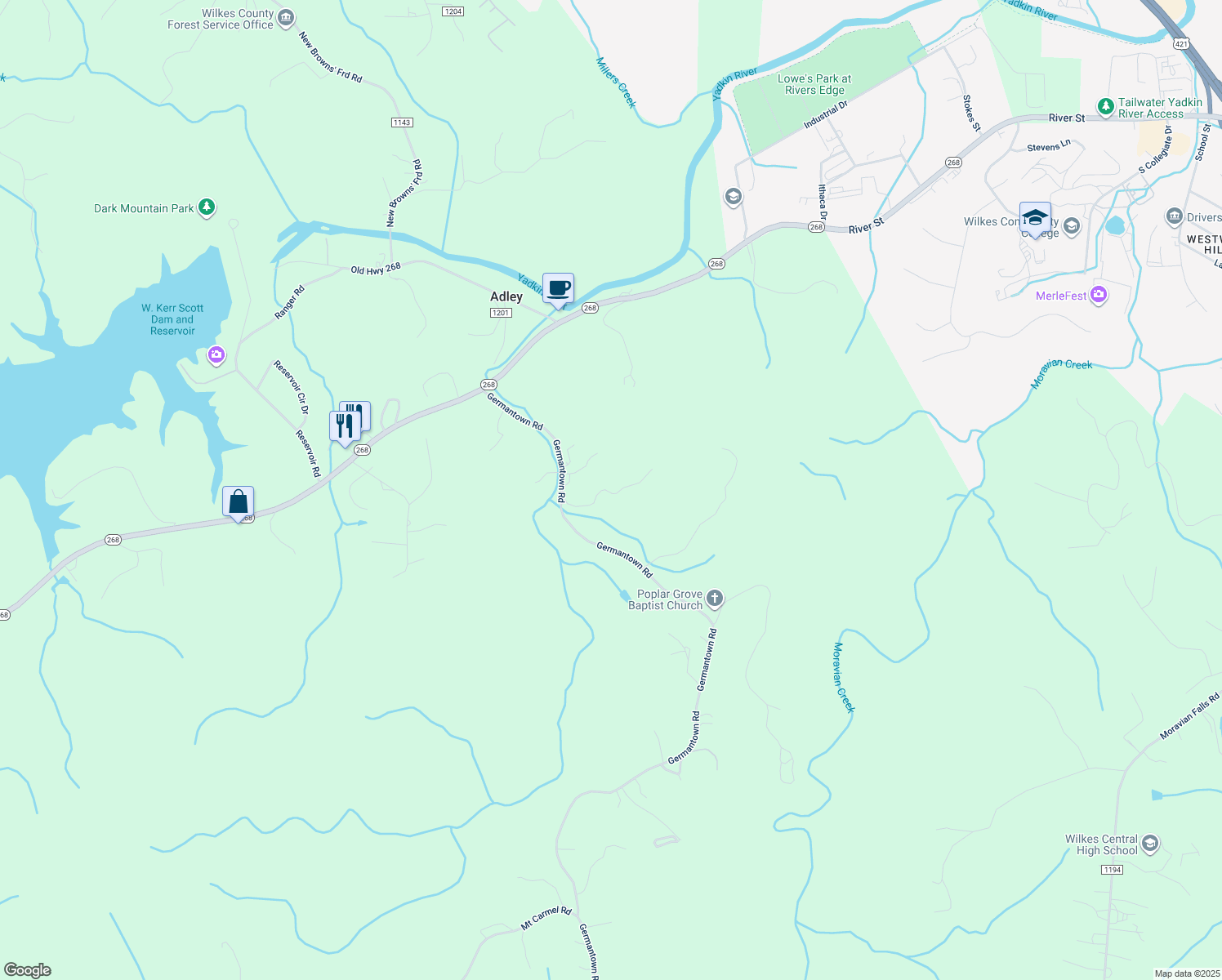 map of restaurants, bars, coffee shops, grocery stores, and more near 463 Germantown Road in Wilkesboro