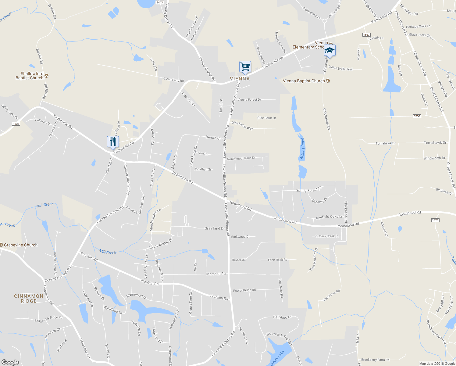 map of restaurants, bars, coffee shops, grocery stores, and more near 1425 Lewisville Vienna Road in Pfafftown