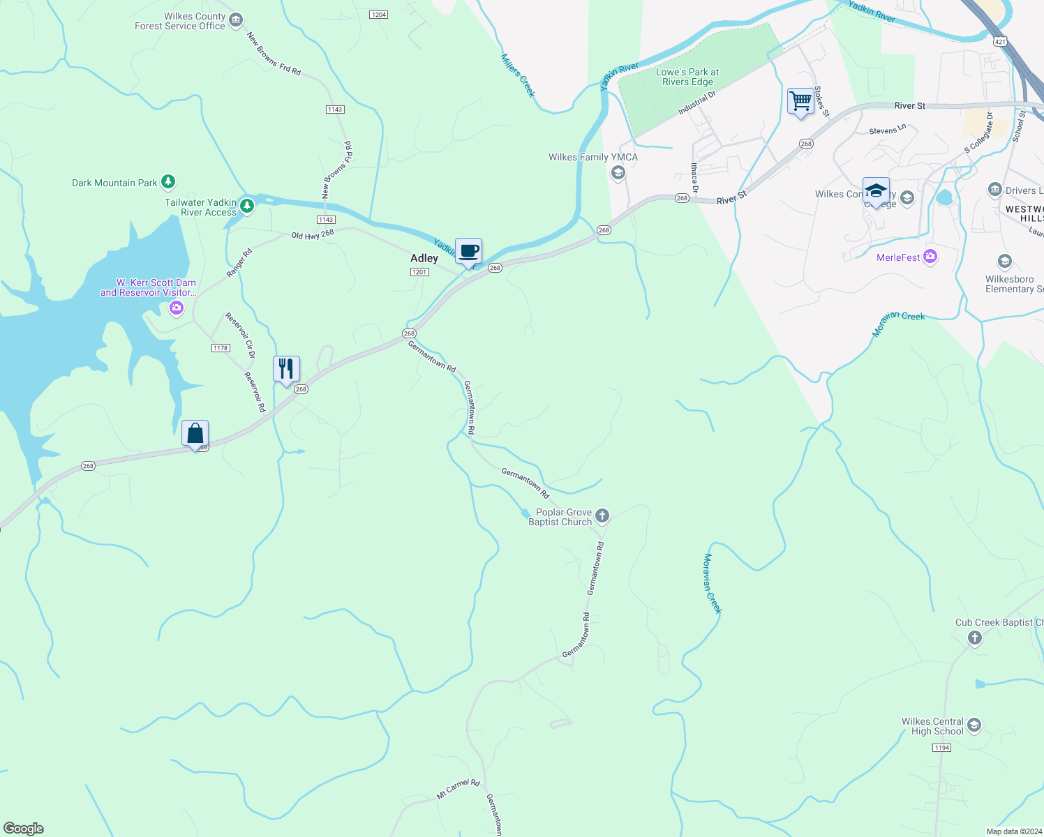 map of restaurants, bars, coffee shops, grocery stores, and more near 463 Germantown Road in Wilkesboro