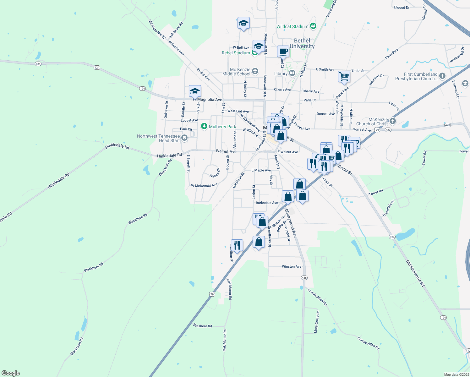 map of restaurants, bars, coffee shops, grocery stores, and more near 17 Linden Heights in McKenzie