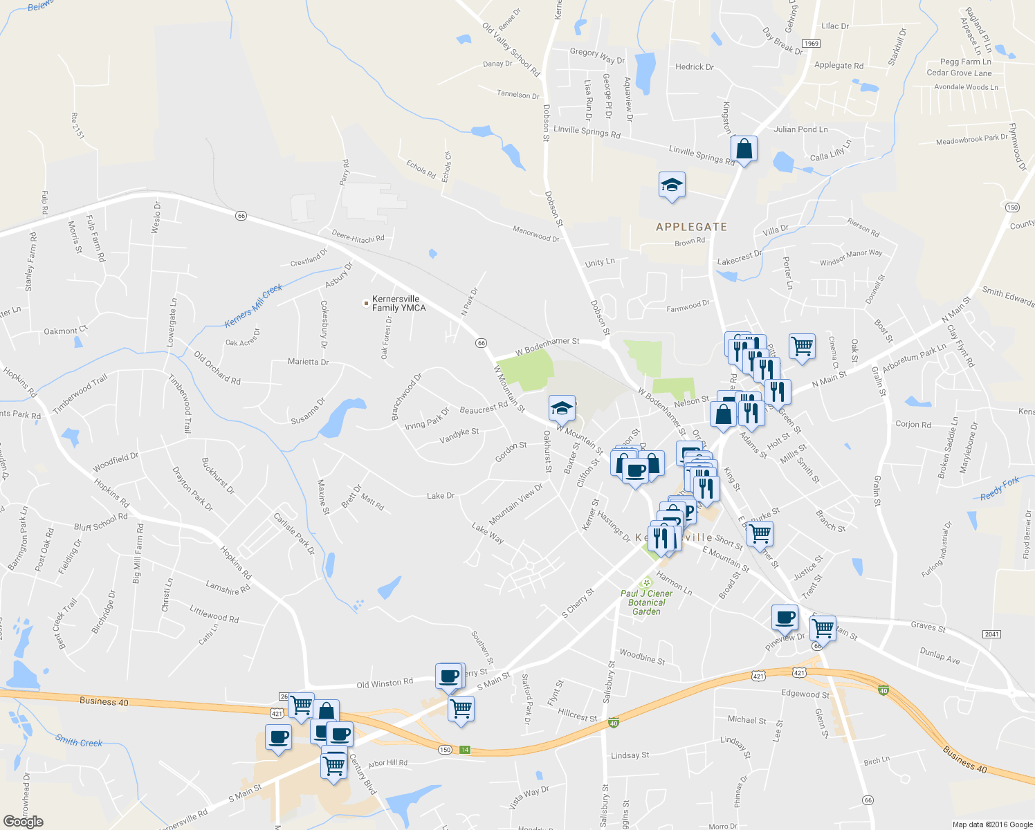 map of restaurants, bars, coffee shops, grocery stores, and more near 621 West Mountain Street in Kernersville