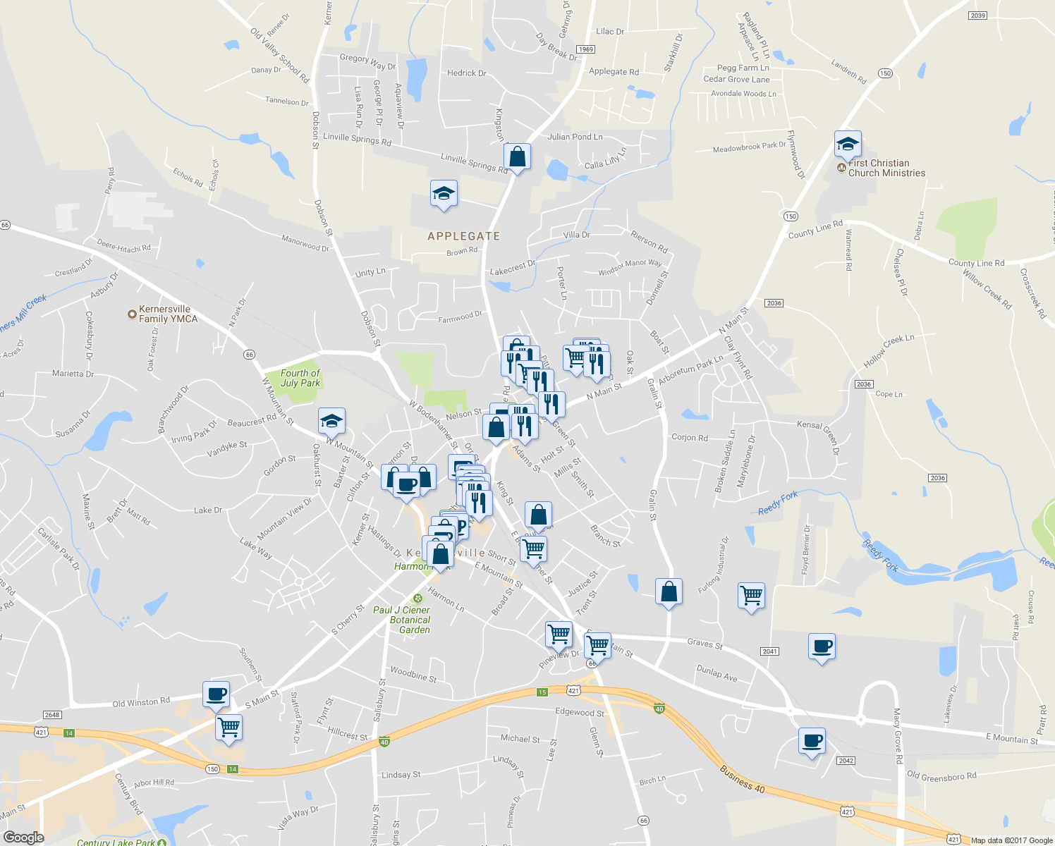 map of restaurants, bars, coffee shops, grocery stores, and more near 417 North Main Street in Kernersville