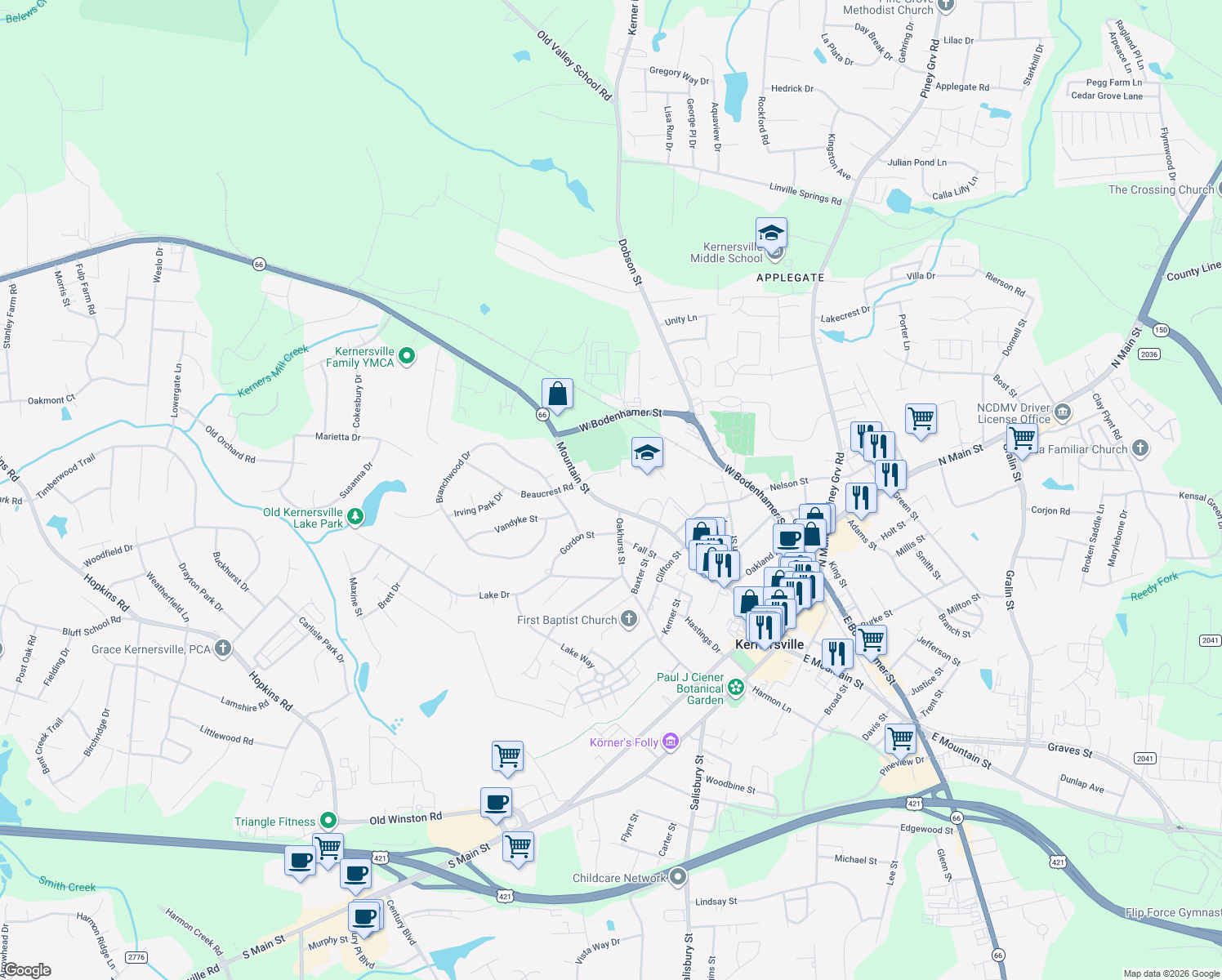 map of restaurants, bars, coffee shops, grocery stores, and more near 608 West Mountain Street in Kernersville