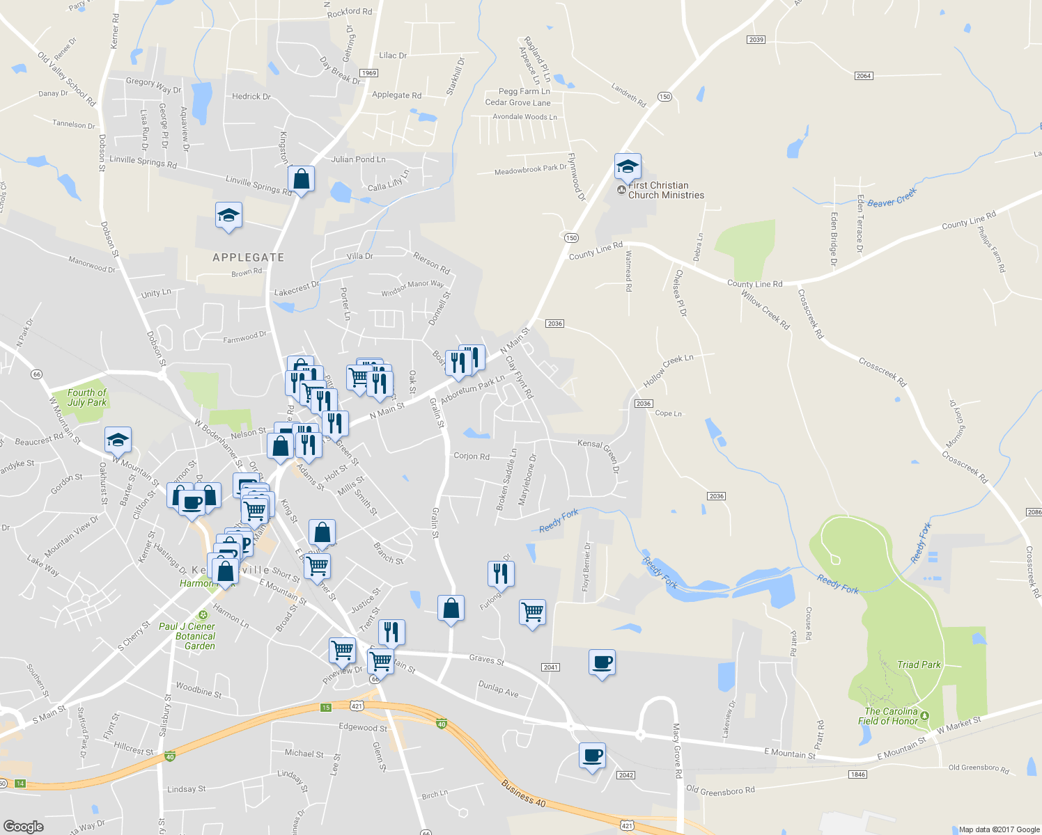 map of restaurants, bars, coffee shops, grocery stores, and more near 501 Campbell Gardens Road in Kernersville