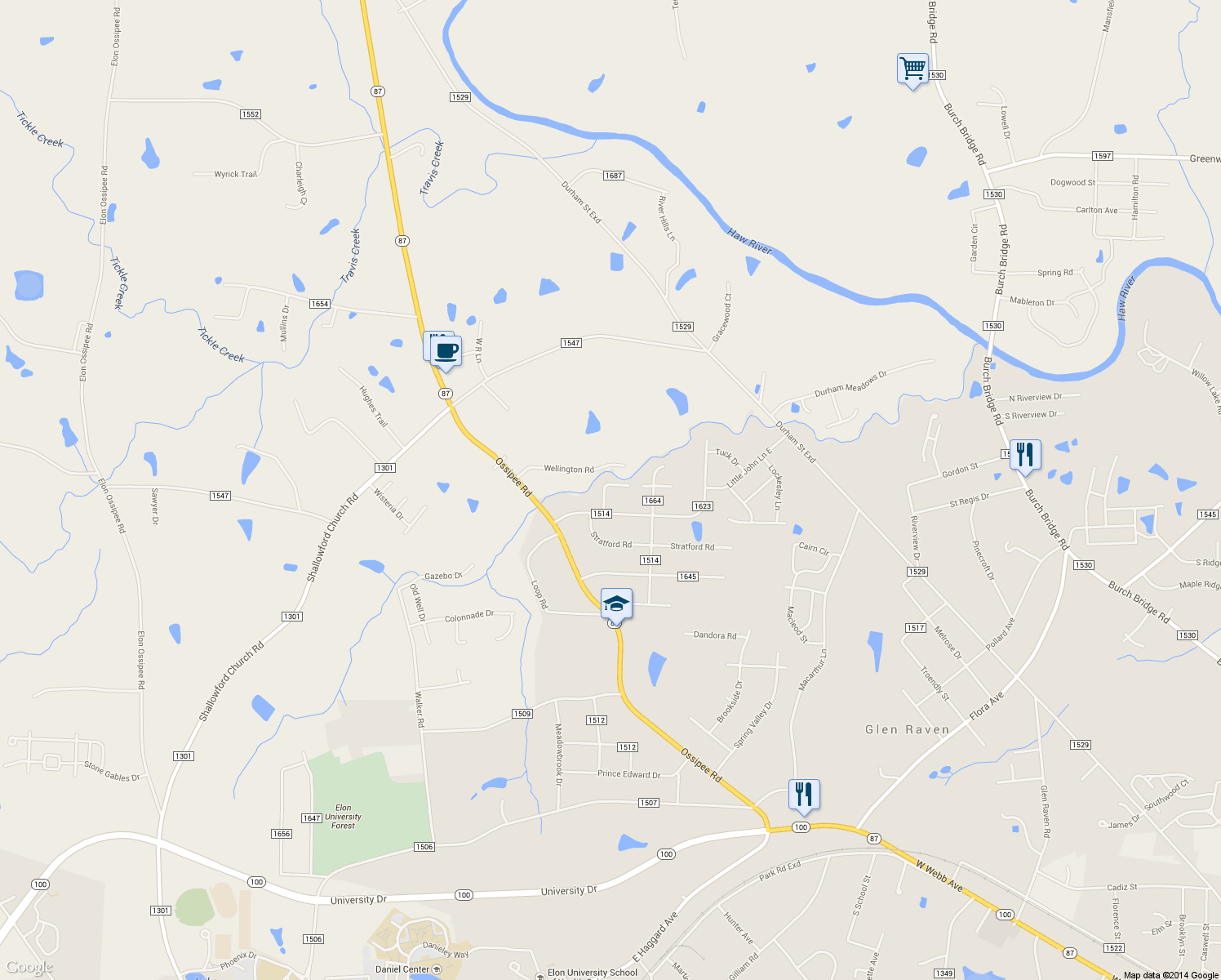 map of restaurants, bars, coffee shops, grocery stores, and more near 1850 Little John Lane West in Burlington