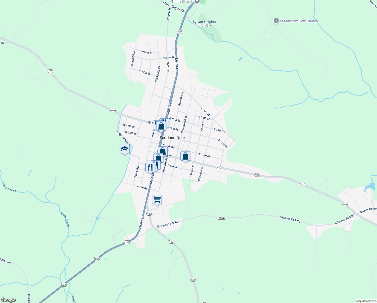 map of restaurants, bars, coffee shops, grocery stores, and more near 412 East 10th Street in Scotland Neck