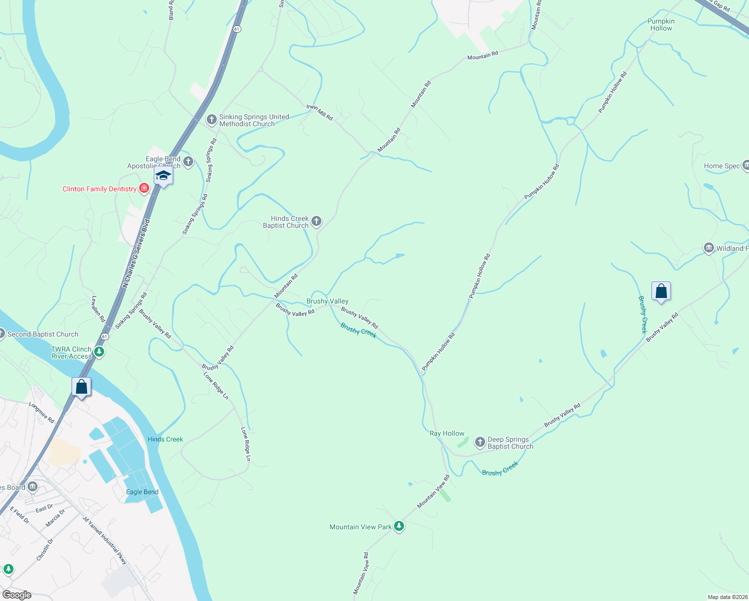 map of restaurants, bars, coffee shops, grocery stores, and more near 503 Brushy Valley Road in Clinton
