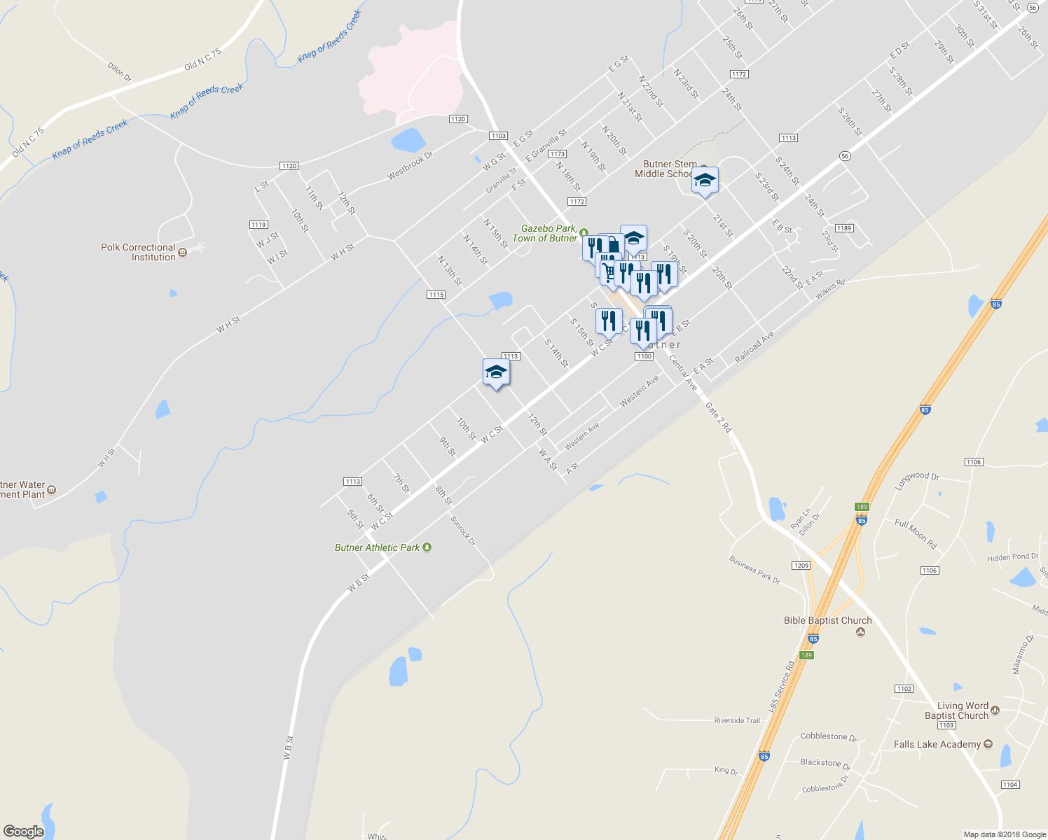 map of restaurants, bars, coffee shops, grocery stores, and more near 229 12th Street in Butner