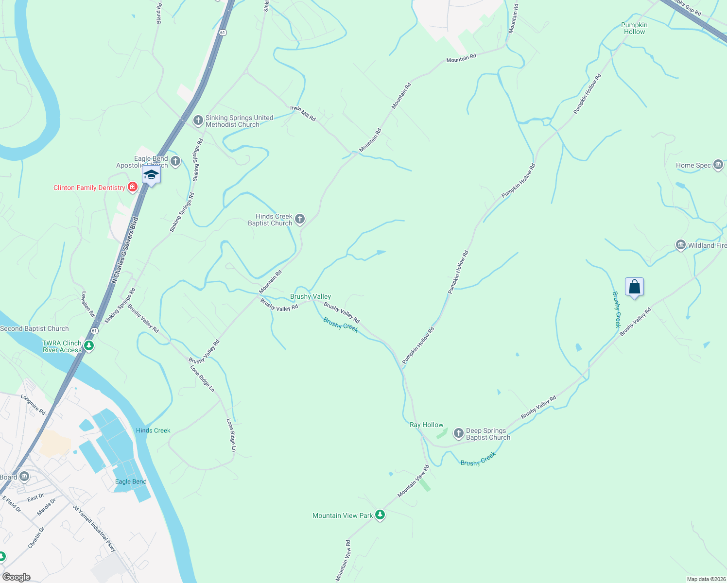 map of restaurants, bars, coffee shops, grocery stores, and more near 503 Brushy Valley Road in Clinton