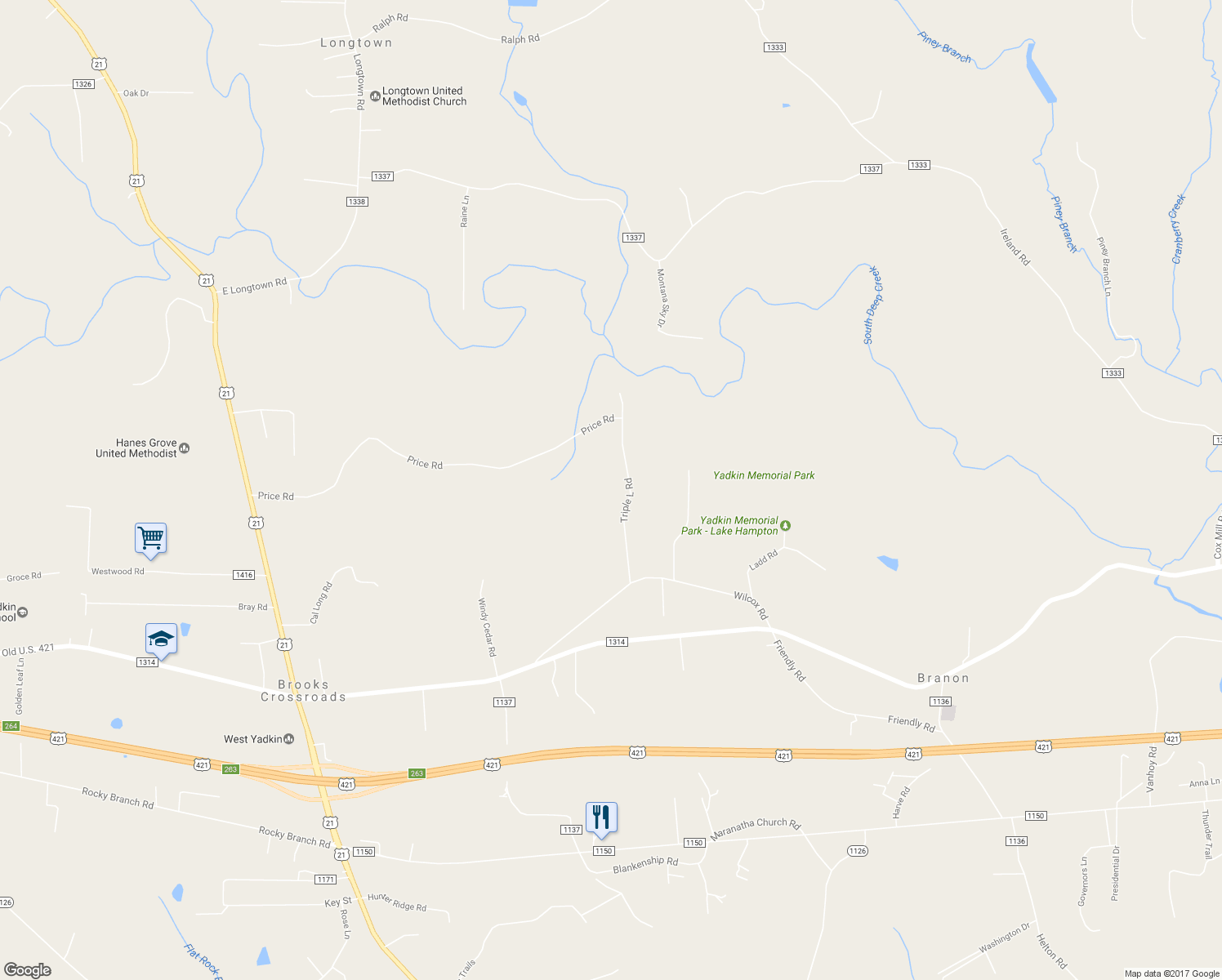 map of restaurants, bars, coffee shops, grocery stores, and more near 1241 Triple L Road in Yadkinville