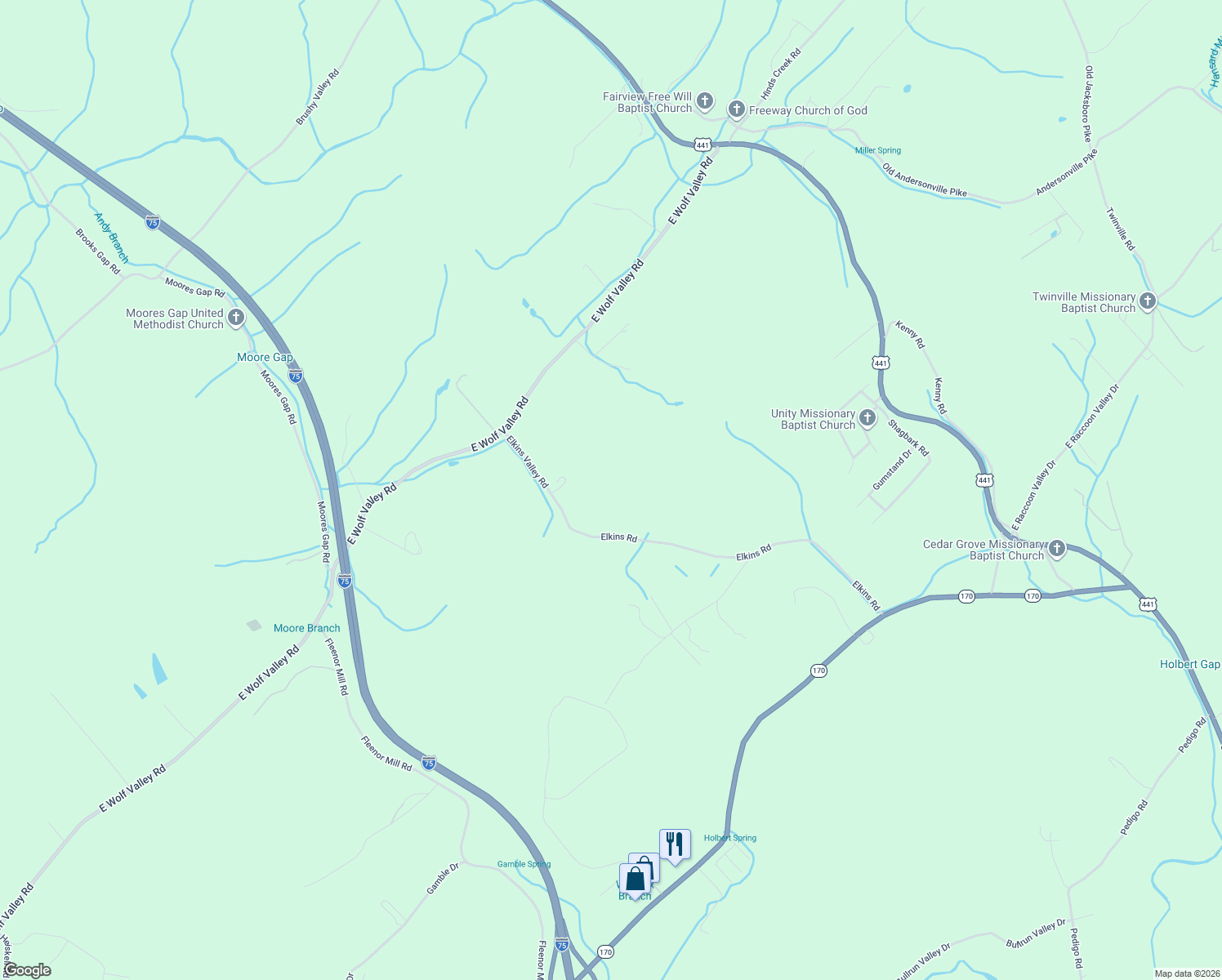 map of restaurants, bars, coffee shops, grocery stores, and more near 161 Elkins Valley Road in Heiskell