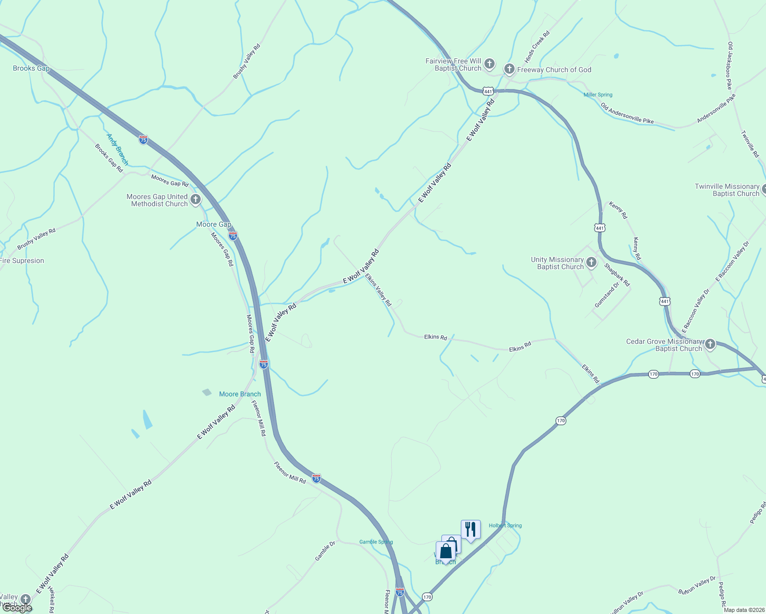 map of restaurants, bars, coffee shops, grocery stores, and more near 127 Elkins Valley Road in Heiskell
