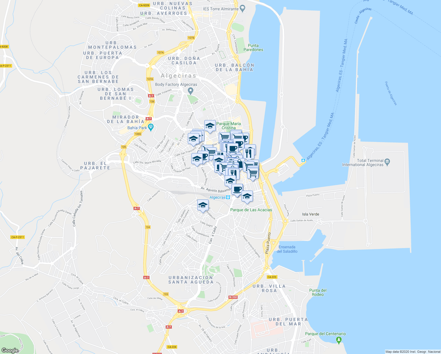 map of restaurants, bars, coffee shops, grocery stores, and more near 87 Calle Teniente Miranda in Algeciras
