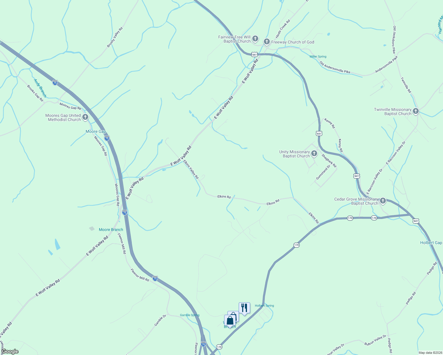 map of restaurants, bars, coffee shops, grocery stores, and more near 161 Elkins Valley Road in Heiskell