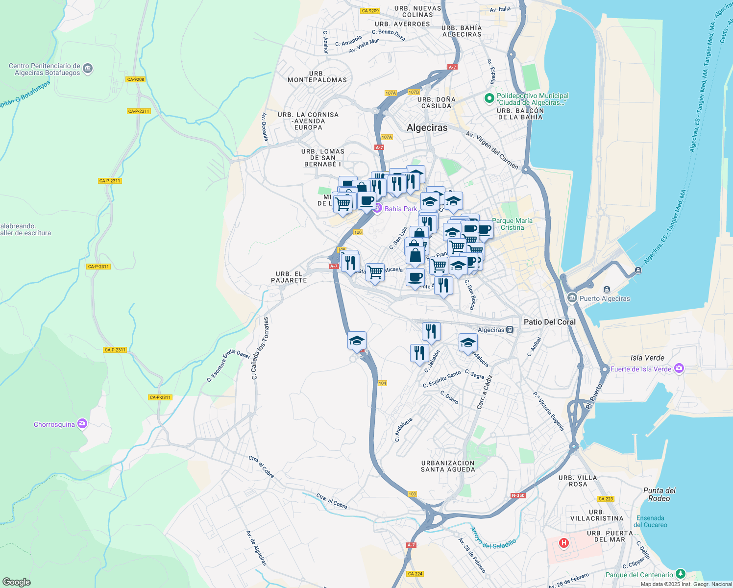 map of restaurants, bars, coffee shops, grocery stores, and more near 6 Calle Rubí in Algeciras