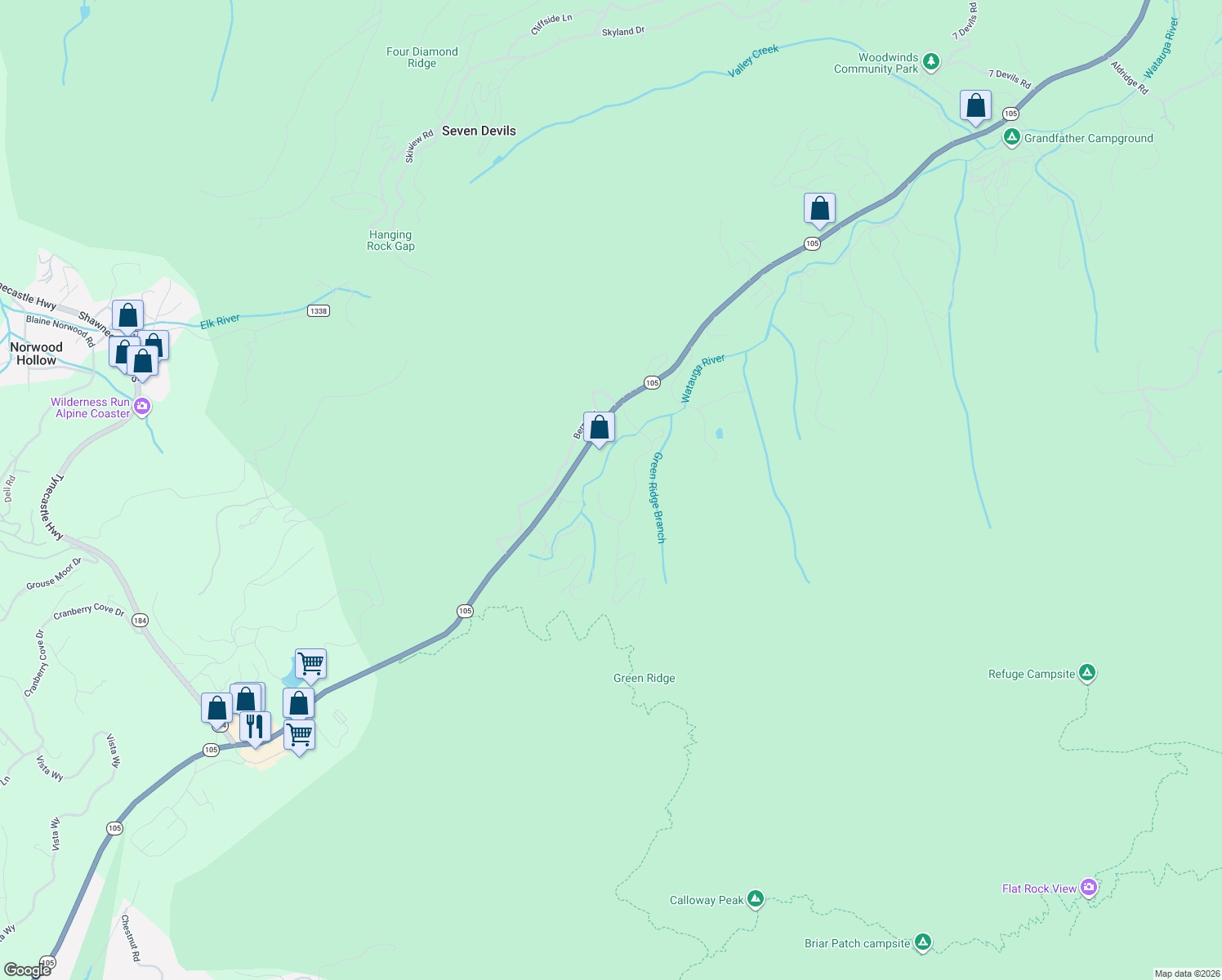 map of restaurants, bars, coffee shops, grocery stores, and more near 28 The Glens Boulevard in Banner Elk