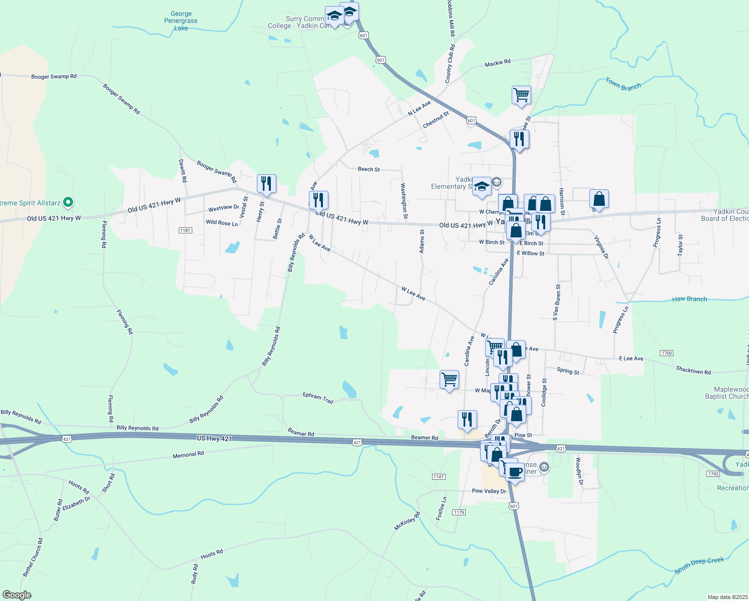 map of restaurants, bars, coffee shops, grocery stores, and more near 653 West Lee Avenue in Yadkinville