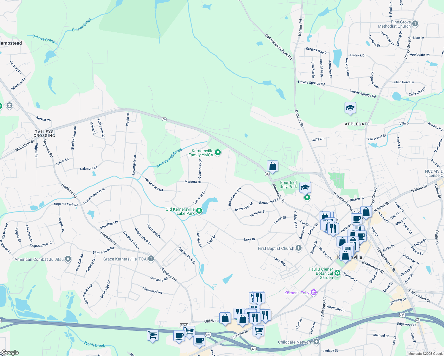 map of restaurants, bars, coffee shops, grocery stores, and more near 150 Oak Forest Drive in Kernersville