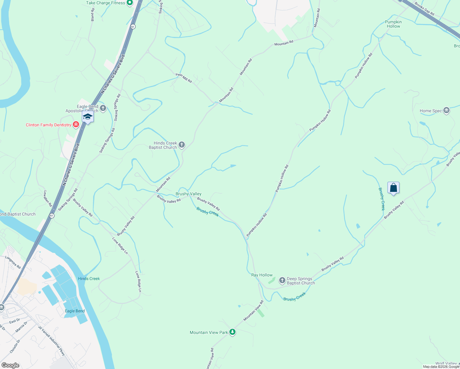 map of restaurants, bars, coffee shops, grocery stores, and more near 605 Brushy Valley Road in Heiskell