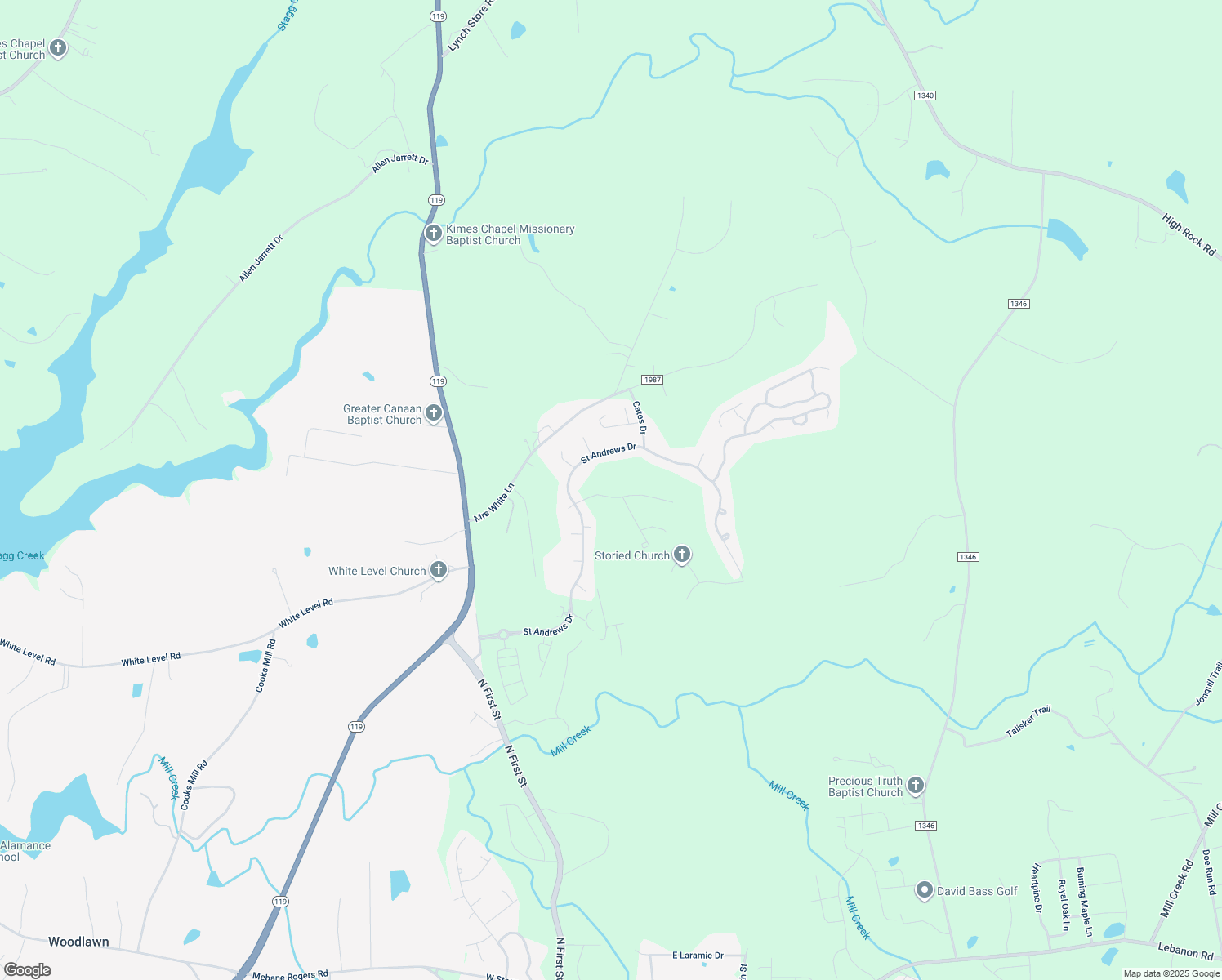 map of restaurants, bars, coffee shops, grocery stores, and more near 206 Pebble Beach Drive in Mebane