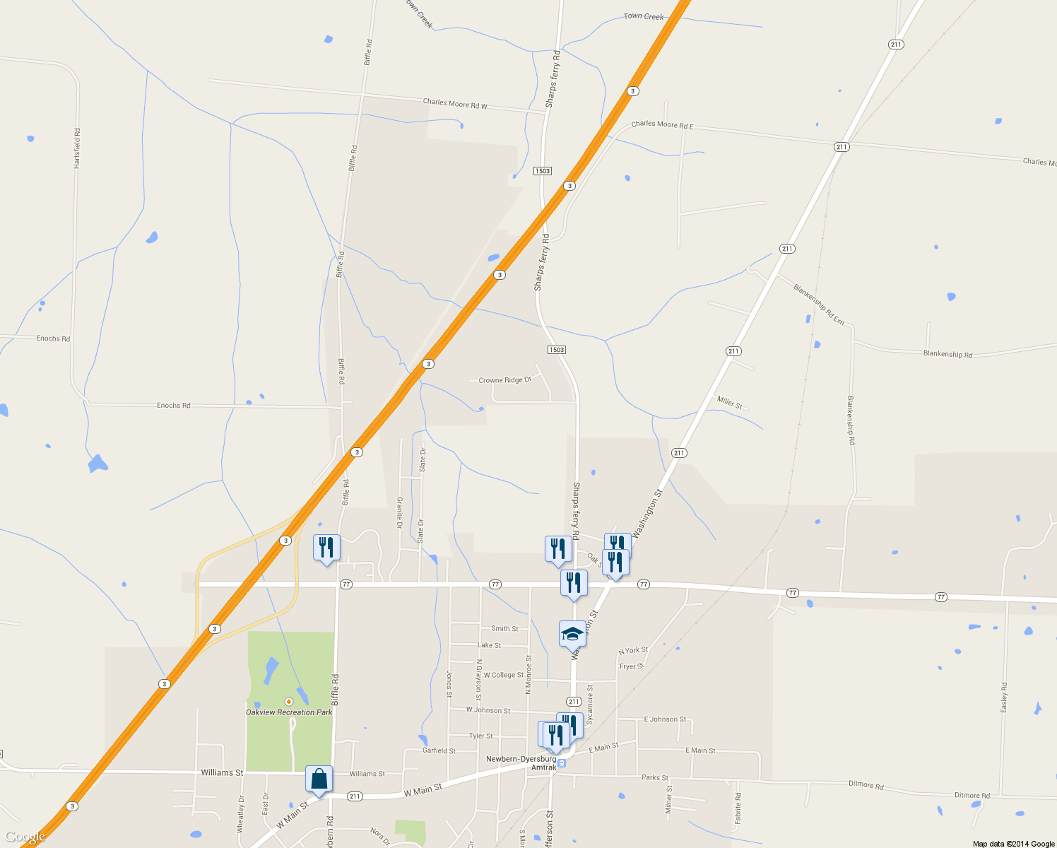 map of restaurants, bars, coffee shops, grocery stores, and more near 783 Sharps ferry Road in Newbern
