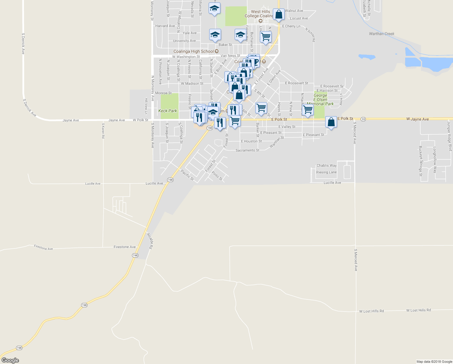 map of restaurants, bars, coffee shops, grocery stores, and more near 161 Pinto Street in Coalinga