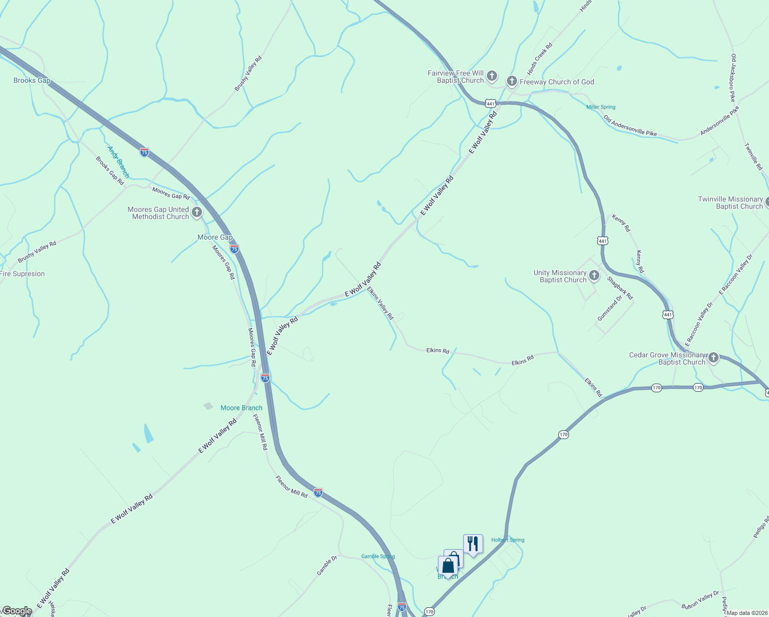 map of restaurants, bars, coffee shops, grocery stores, and more near 127 Elkins Valley Road in Heiskell