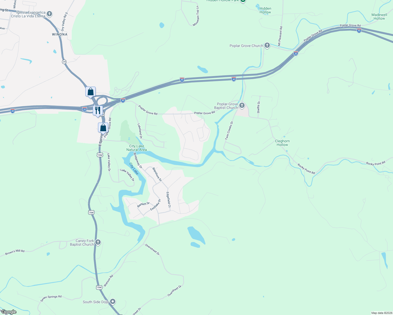map of restaurants, bars, coffee shops, grocery stores, and more near 2611 Lake Pointe Drive in Cookeville