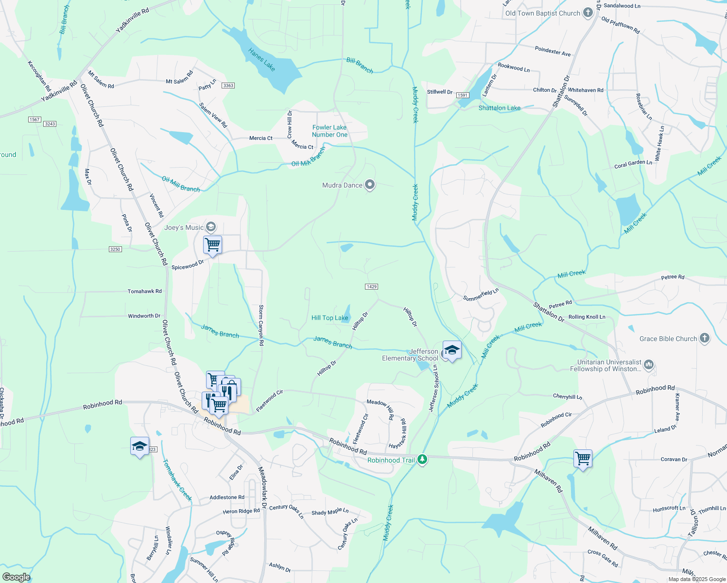 map of restaurants, bars, coffee shops, grocery stores, and more near 2290 Hilltop Drive in Winston-Salem