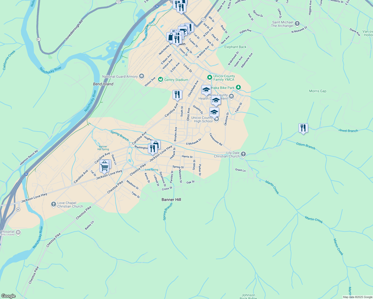 map of restaurants, bars, coffee shops, grocery stores, and more near 508 Williams Street in Banner Hill