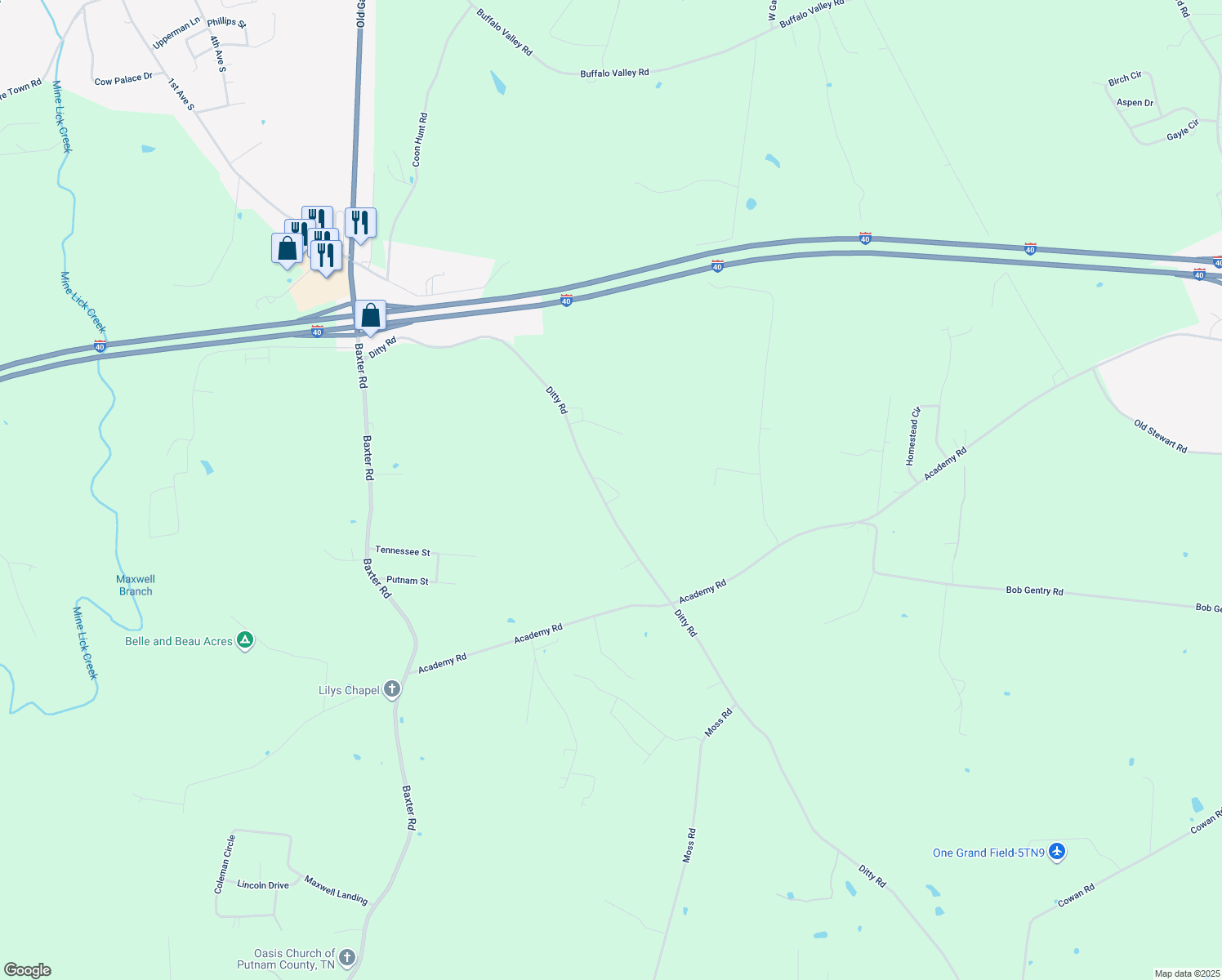 map of restaurants, bars, coffee shops, grocery stores, and more near 7775 Ditty Road in Baxter