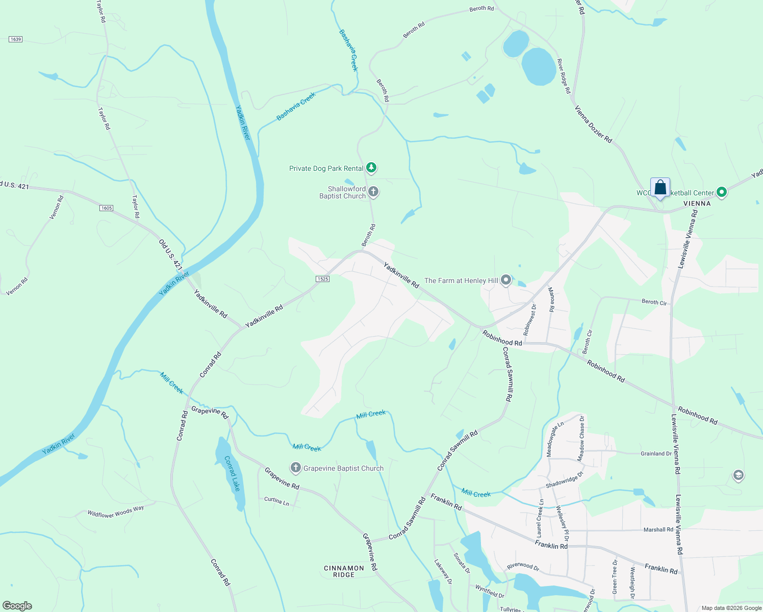 map of restaurants, bars, coffee shops, grocery stores, and more near 2124 Benwicke Dr in Pfafftown