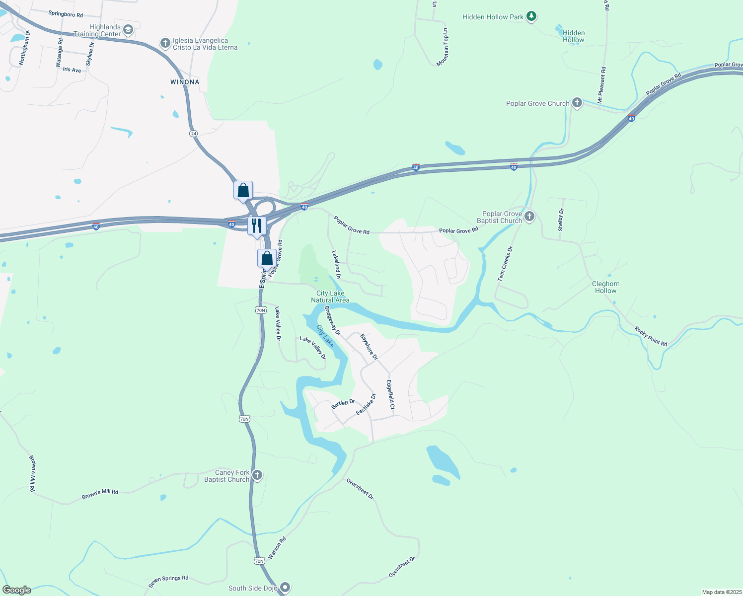 map of restaurants, bars, coffee shops, grocery stores, and more near 2801 Lakeland Drive in Cookeville