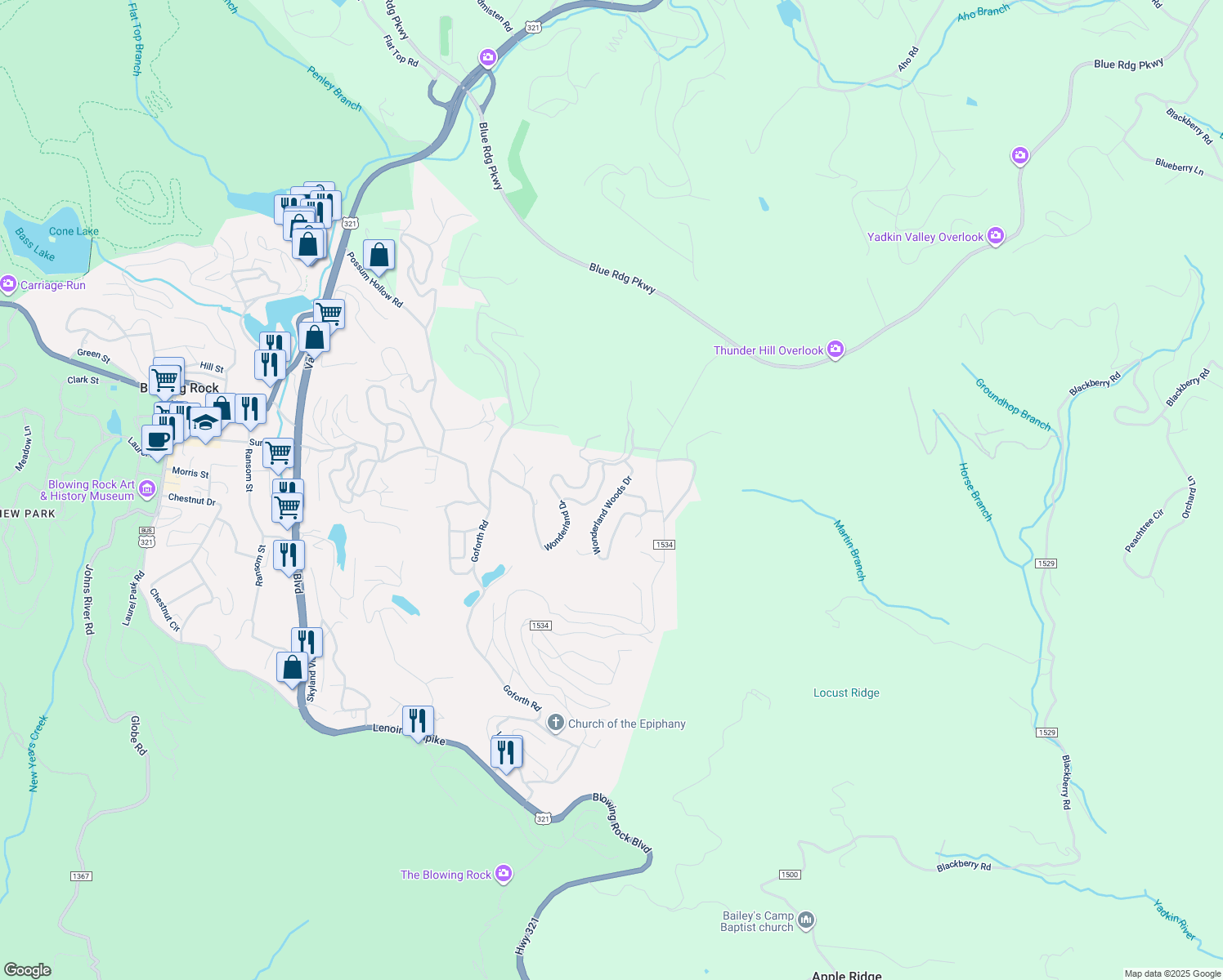 map of restaurants, bars, coffee shops, grocery stores, and more near 605 Wonderland Woods Drive in Blowing Rock