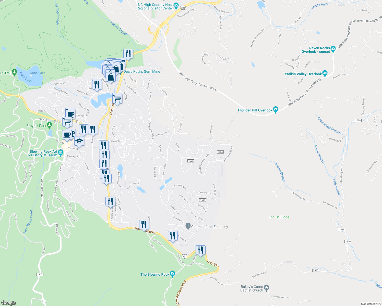 map of restaurants, bars, coffee shops, grocery stores, and more near 267 Heritage Lane in Blowing Rock