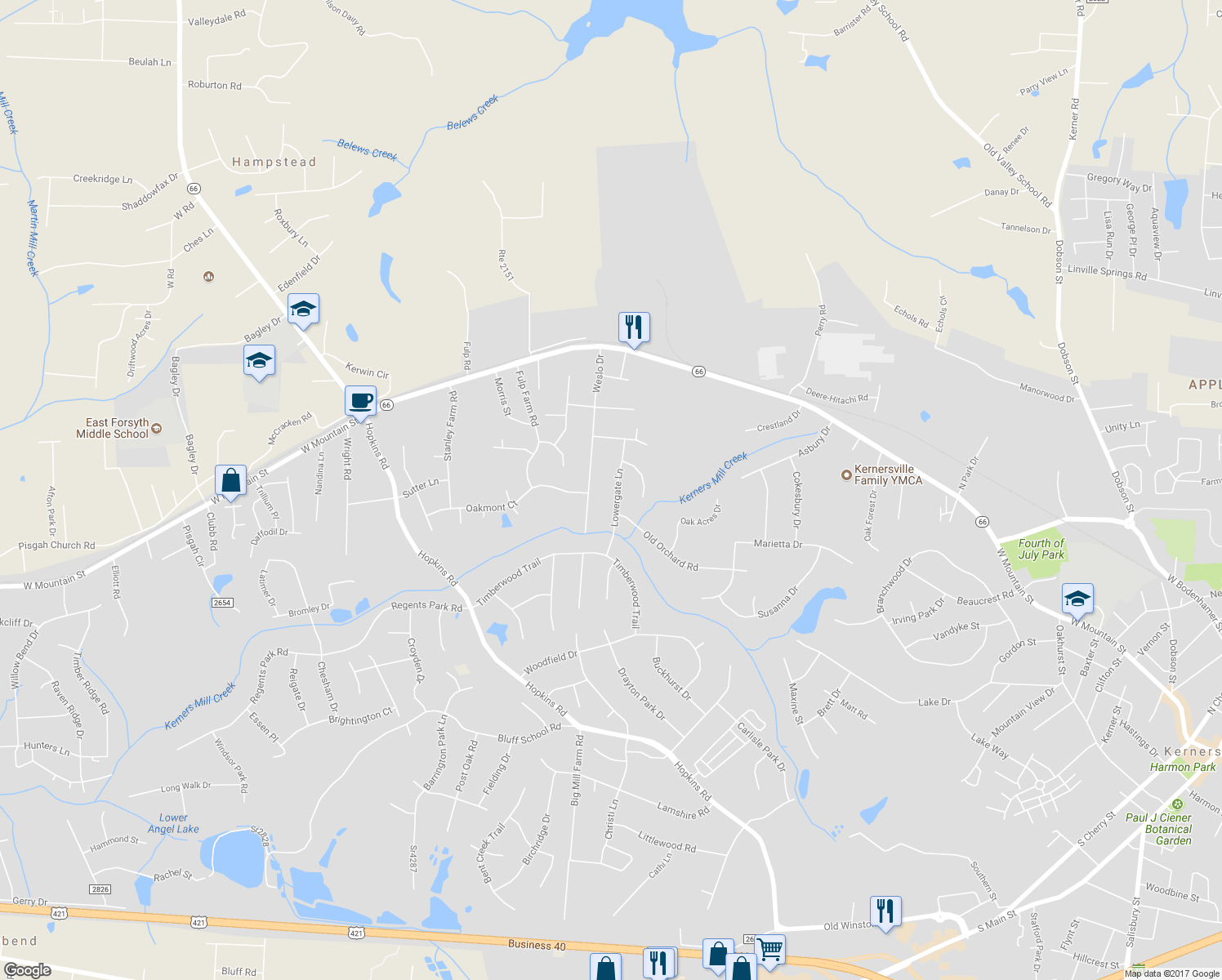 map of restaurants, bars, coffee shops, grocery stores, and more near 526 Lowergate Lane in Kernersville
