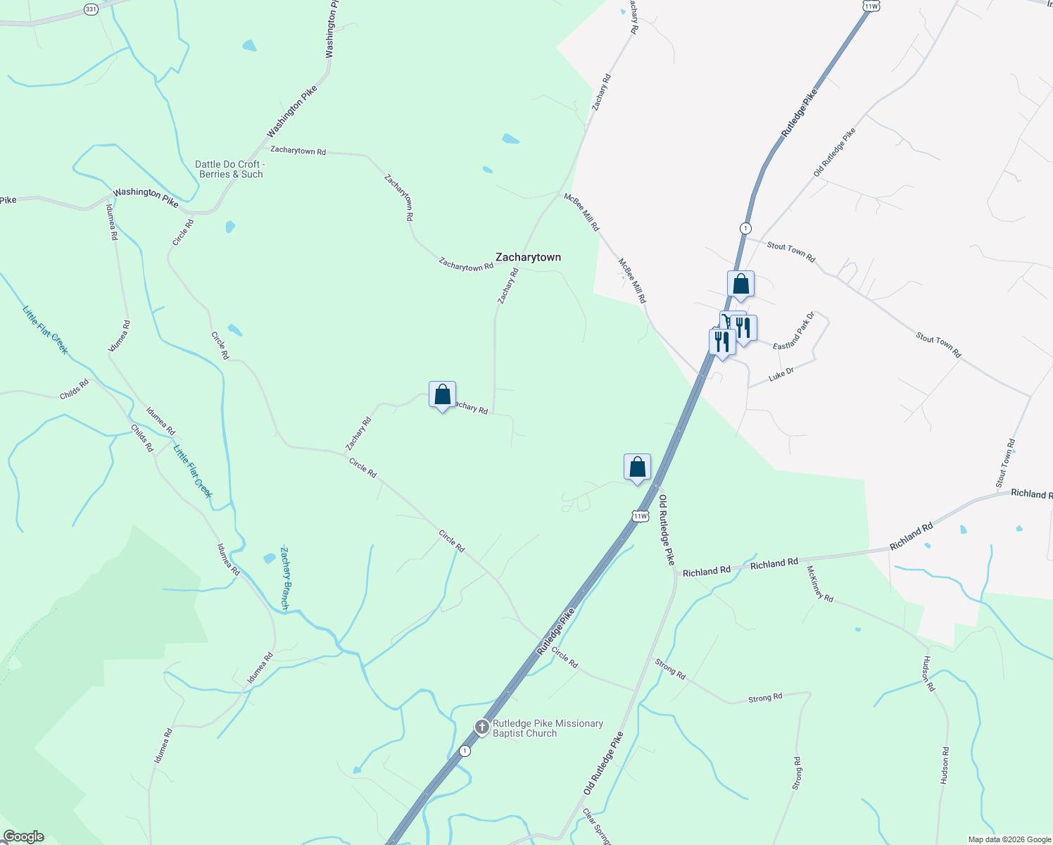 map of restaurants, bars, coffee shops, grocery stores, and more near 6104 Zachary Road in Knox County