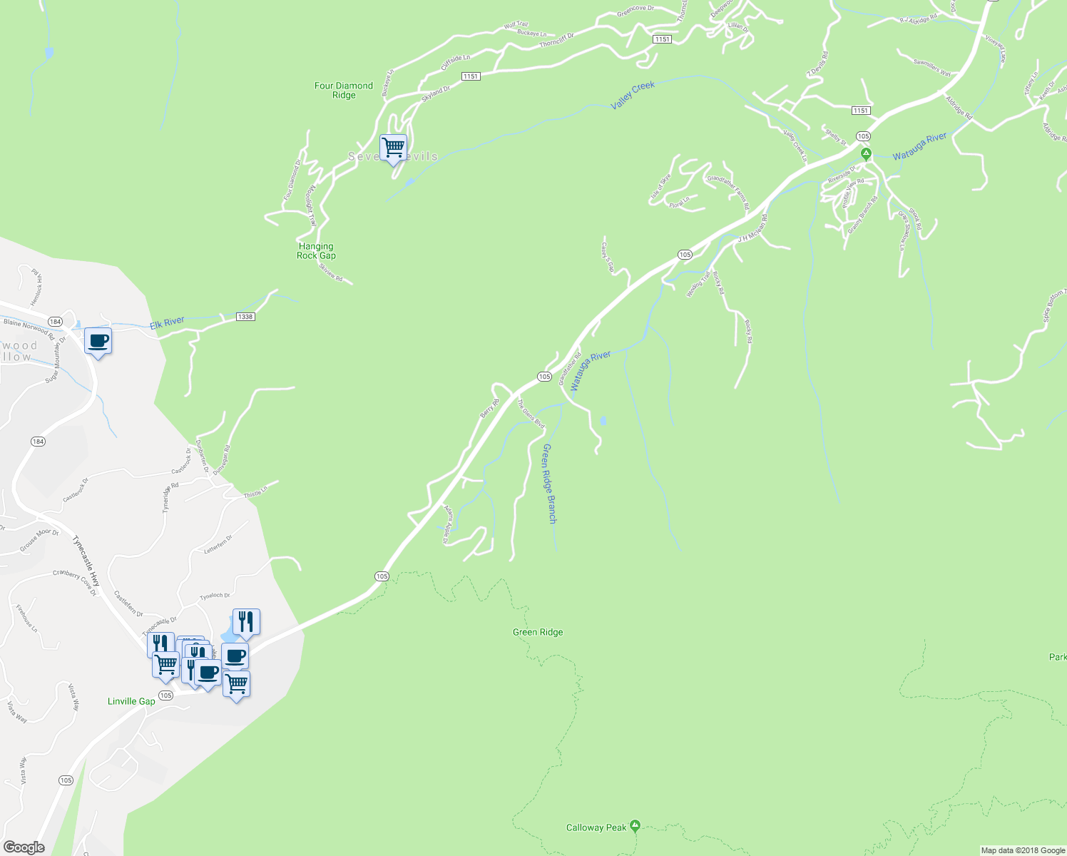 map of restaurants, bars, coffee shops, grocery stores, and more near 212 The Glens Boulevard in Banner Elk
