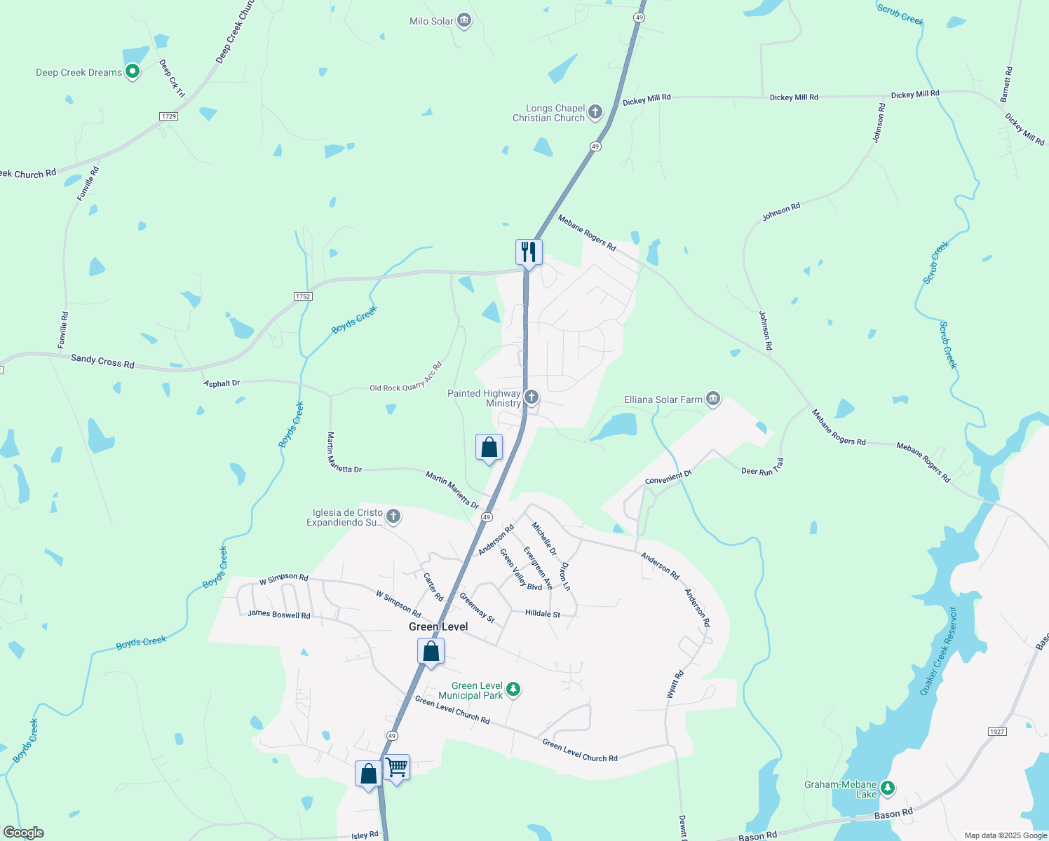 map of restaurants, bars, coffee shops, grocery stores, and more near 1835 Highway 49 in Green Level