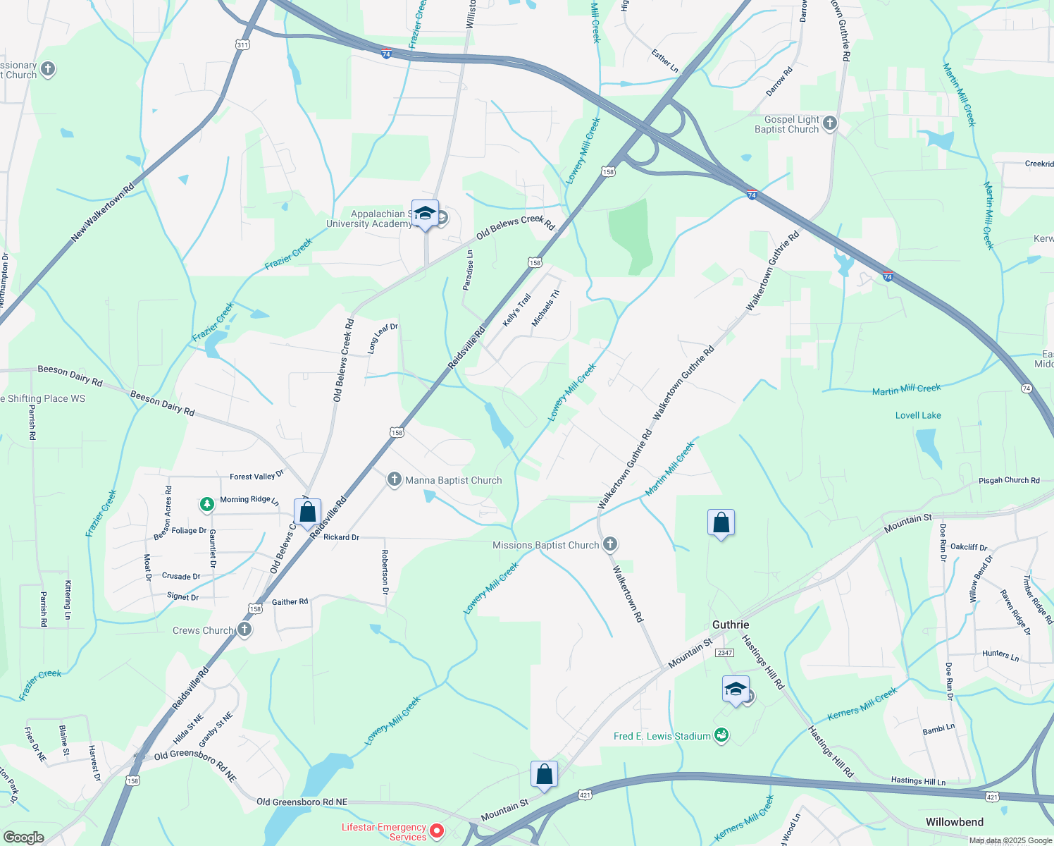 map of restaurants, bars, coffee shops, grocery stores, and more near 434 Spring Lake Farm Circle in Winston-Salem