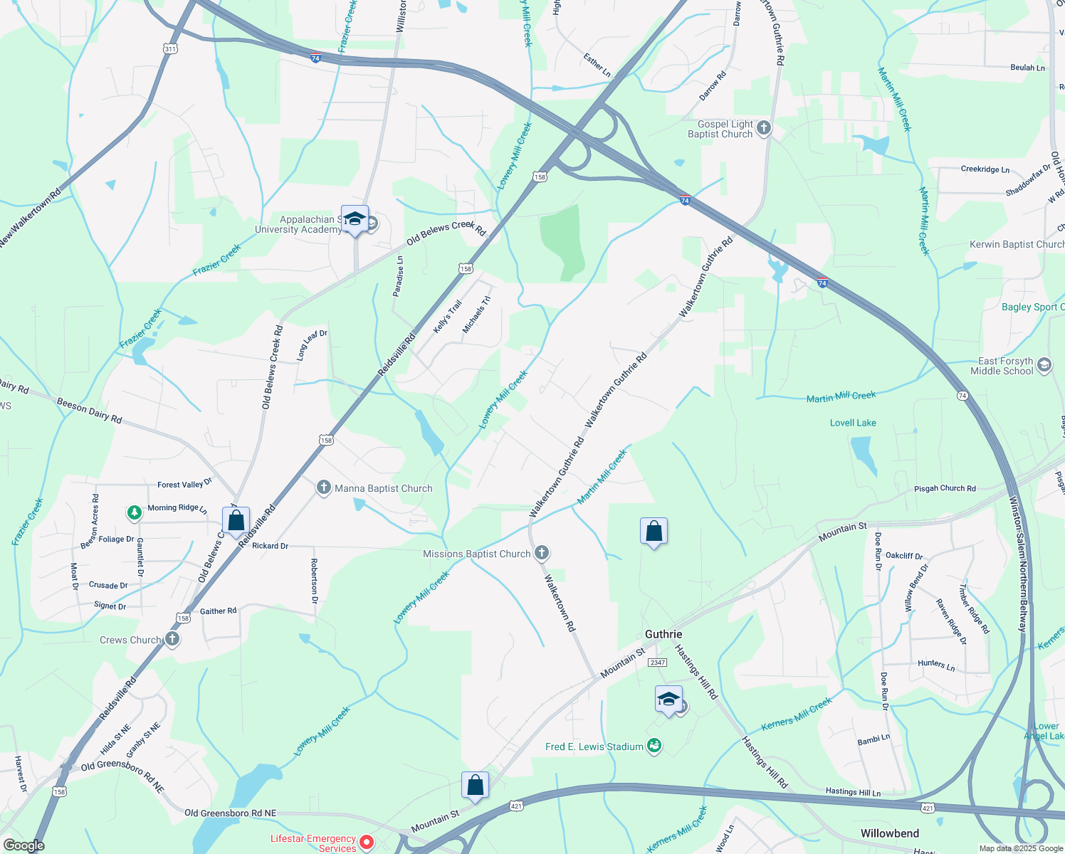 map of restaurants, bars, coffee shops, grocery stores, and more near 4030 Deamon Court in Winston-Salem