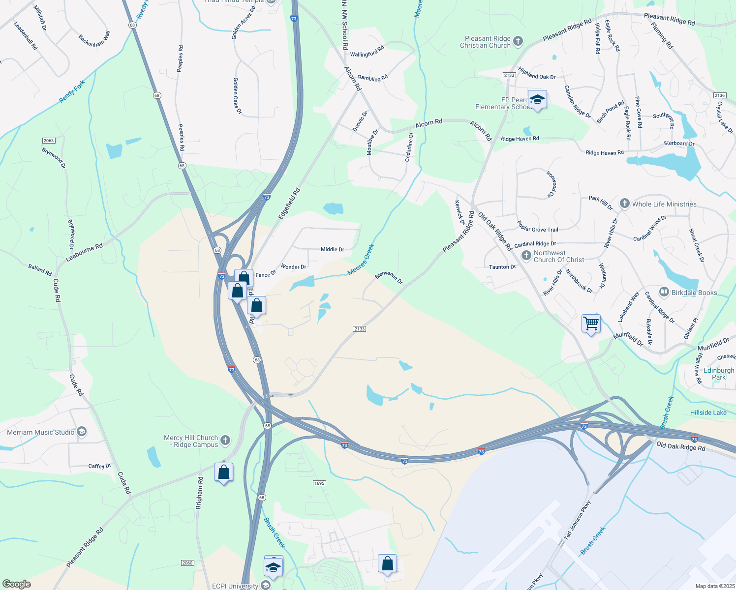 map of restaurants, bars, coffee shops, grocery stores, and more near 7606 Montmartre Road in Greensboro